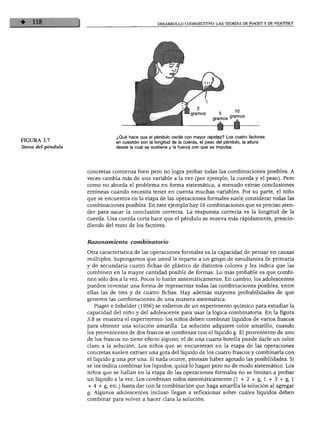 DESARROLLO COGNOSCITIVO: LAS TEORÍAS DE PIAGET Y DE VIGOTSKY
FIGURA 3.7
Threa del péndulo
gramos
gramos
10
gramos
¿Qué hace que el péndulo oscile con mayor rapidez? Los cuatro factores
en cuestión son la longitud de la cuerda, el peso del péndulo, la altura
desde la cual se sostiene y la fuerza con que se impulsa.
concretas comienza bien pero no logra probar todas las combinaciones posibles. A
veces cambia más de una variable a la vez (por ejemplo, la cuerda y el peso). Pero
como no aborda el problema en forma sistemática, a menudo extrae conclusiones
erróneas cuando necesita tener en cuenta muchas variables. Por su parte, el niño
que se encuentra en la etapa de las operaciones formales suele considerar todas las
combinaciones posibles. En este ejemplo hay 16 combinaciones que es preciso aten
der para sacar la conclusión correcta. La respuesta correcta es la longitud de la
cuerda. Una cuerda corta hace que el péndulo se mueva más rápidamente, prescin
diendo del resto de los factores.
Razonamiento combinatorio
Otra característica de las operaciones formales es la capacidad de pensar en causas
múltiples. Supongamos que usted le reparte a un grupo de estudiantes de primaria
y de secundaria cuatro fichas de plástico de distintos colores y les indica que las
combinen en la mayor cantidad posible de formas. Lo más probable es que combi
nen sólo dos a la vez. Pocos lo harán sistemáticamente. En cambio, los adolescentes
pueden inventar una forma de representar todas las combinaciones posibles, entre
ellas las de tres y de cuatro fichas. Hay además mayores probabilidades de que
generen las combinaciones de una manera sistemática.
Piaget e Inhelder (1956) se valieron de un experimento químico para estudiar la
capacidad del niño y del adolescente para usar la lógica combinatoria. En la figura
3.8 se muestra el experimento: los niños deben combinar líquidos de varios frascos
para obtener una solución amarilla. La solución adquiere color amarillo, cuando
los provenientes de dos frascos se combinan con el líquido g. El proveniente de uno
de los frascos no tiene efecto alguno; el de una cuarta botella puede darle un color
claro a la solución. Los niños que se encuentran en la etapa de las operaciones
concretas suelen extraer una gota del líquido de los cuatro frascos y combinarla con
el líquido g una por una. Si nada ocurre, piensan haber agotado las posibilidades. Si
se les indica combinar los líquidos, quizá lo hagan pero no de modo sistemático. Los
niños que se hallan en la etapa de las operaciones formales no se limitan a probar
un líquido a la vez. Los combinan todos sistemáticamente (1 + 2 + g, 1 + 3 + g, 1
+ 4 + g, etc.) hasta dar con la combinación que haga amarilla la solución al agregar
g. Algunos adolescentes incluso llegan a reflexionar sobre cuáles líquidos deben
combinar para volver a hacer clara la solución.
 