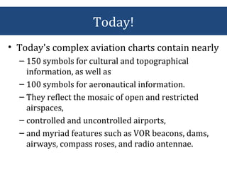 Today!
• Today's complex aviation charts contain nearly
– 150 symbols for cultural and topographical
information, as well as
– 100 symbols for aeronautical information.
– They reflect the mosaic of open and restricted
airspaces,
– controlled and uncontrolled airports,
– and myriad features such as VOR beacons, dams,
airways, compass roses, and radio antennae.
 