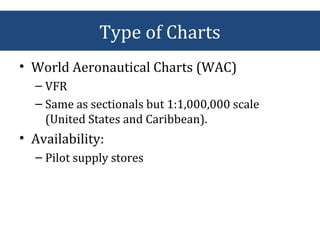 • World Aeronautical Charts (WAC)
– VFR
– Same as sectionals but 1:1,000,000 scale
(United States and Caribbean).
• Availability:
– Pilot supply stores
Type of Charts
 