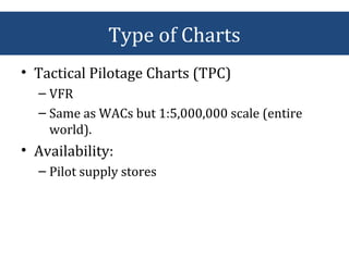 • Tactical Pilotage Charts (TPC)
– VFR
– Same as WACs but 1:5,000,000 scale (entire
world).
• Availability:
– Pilot supply stores
Type of Charts
 