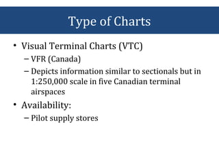 • Visual Terminal Charts (VTC)
– VFR (Canada)
– Depicts information similar to sectionals but in
1:250,000 scale in five Canadian terminal
airspaces
• Availability:
– Pilot supply stores
Type of Charts
 
