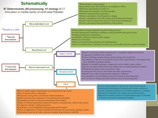•Risk-taking by owner/manager
•Innovations set by other businesses as examples to follow
•Skill-level and training of worker (s)
•Education and awareness of owner/manager
•Owner’s formal business experience
•Owner’s perception of and response to change
•Owner’s satisfaction level with current sales/business performance
•Owner’s focus on day-to-day survival versus long-term planning
•Owner’s perception about profitability of innovations
•Risk-taking by owner/manager
•Innovations set by other businesses as examples to follow
•Skill-level and training of worker (s)
•Education and awareness of owner/manager
•Owner’s formal business experience
•Owner’s perception of and response to change
•Owner’s satisfaction level with current sales/business performance
•Owner’s focus on day-to-day survival versus long-term planning
•Owner’s perception about profitability of innovations
•Stone/material wastage during blasting and cutting processes
•Locally manufactured machinery resulting in quality problems during processing
•Equipment/machinery maintenance
•Availability of finances and low profit margins
•Small size of business
•Nature of formal business planning and implementation
•Lack of ownership due to separation between mine lease holder and mine operator/manager
•Stone/material wastage during blasting and cutting processes
•Locally manufactured machinery resulting in quality problems during processing
•Equipment/machinery maintenance
•Availability of finances and low profit margins
•Small size of business
•Nature of formal business planning and implementation
•Lack of ownership due to separation between mine lease holder and mine operator/manager
•Nature of excavated marble (dimensional vs. irregularly shaped stone blocks)
•Uniqueness of marble stone varieties
•Nature of linkages among mining and processing sub-sectors/firms
•Availability or otherwise of machinery (local and/or imported) and with features that
allow flexibility in product designs
•Quality of available machinery components such as blades, cutters, others
•Presence of experts/technicians in the market who can install machinery properly
•Infrastructure support such as electricity, roads
•Leasing and loan services from banks and other organizations
•Quality issues with excavated stone (impurities, hardness)
•Transportation costs of shipping stones from mines to processing units
•Cost of fuel for mining units and electricity/taxes for processing units
•Nature of excavated marble (dimensional vs. irregularly shaped stone blocks)
•Uniqueness of marble stone varieties
•Nature of linkages among mining and processing sub-sectors/firms
•Availability or otherwise of machinery (local and/or imported) and with features that
allow flexibility in product designs
•Quality of available machinery components such as blades, cutters, others
•Presence of experts/technicians in the market who can install machinery properly
•Infrastructure support such as electricity, roads
•Leasing and loan services from banks and other organizations
•Quality issues with excavated stone (impurities, hardness)
•Transportation costs of shipping stones from mines to processing units
•Cost of fuel for mining units and electricity/taxes for processing units
•Access (direct/indirect) to national & international markets
•Awareness & knowledge of international customer preference
•Nature of product demand in local market (stagnant vs. dynamic)
•Demand for substitutes like ceramic & porcelain products
•Demand for marble products from Balochistan region of Pakistan
& China in national & international markets
•Access (direct/indirect) to national & international markets
•Awareness & knowledge of international customer preference
•Nature of product demand in local market (stagnant vs. dynamic)
•Demand for substitutes like ceramic & porcelain products
•Demand for marble products from Balochistan region of Pakistan
& China in national & international markets
•Role of marble support organizations (government & private sector)
•Role of marble union or association
•Interactions among firms, non-firms & formal institutions
•Market distortion due to presence of non-professional individuals
•Geographical location of business and distance from markets
•Nature of informal institutions (collectivist culture, social pressures, tribal social system)
•Complexity of banks’ lending procedures
•Exploitative role of middlemen fetching greater profit margins
•Nature of application of formal institutional frameworks by government regulatory bodies
•Uncertainty about law & order, economic situation & government credibility
•Role of marble support organizations (government & private sector)
•Role of marble union or association
•Interactions among firms, non-firms & formal institutions
•Market distortion due to presence of non-professional individuals
•Geographical location of business and distance from markets
•Nature of informal institutions (collectivist culture, social pressures, tribal social system)
•Complexity of banks’ lending procedures
•Exploitative role of middlemen fetching greater profit margins
•Nature of application of formal institutional frameworks by government regulatory bodies
•Uncertainty about law & order, economic situation & government credibility
Micro-Individual Level
Meso-Firm Level
Macro-Contextual Level
Others
Demand-oriented
Supply-oriented
*Internal
Determinants
*Contextual
Determinants
Schematically
87 Determinants (46 processing, 41 mining) of LT
Innovation in marble sector of north-west Pakistan
*Becheikh et al. (2006)
 