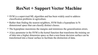 ResNet + Support Vector Machine
• SVM is a supervised ML algorithm and has been widely used to address
classification problems in agriculture.
• Rather than finding the nearest neighbors, SVM finds a hyperplane in N-
dimensional space that can classify distinct classes.
• The hyperplane maximizes the margins and minimizes the generalization errors.
• A key parameter in the SVM is the kernel function that transforms the training set
of data into a higher dimension space so that a non-linear decision surface can be
transformed into a linear surface to facilitate the distinction of data.
 
