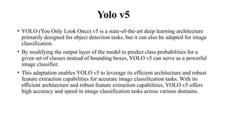 Yolo v5
• YOLO (You Only Look Once) v5 is a state-of-the-art deep learning architecture
primarily designed for object detection tasks, but it can also be adapted for image
classification.
• By modifying the output layer of the model to predict class probabilities for a
given set of classes instead of bounding boxes, YOLO v5 can serve as a powerful
image classifier.
• This adaptation enables YOLO v5 to leverage its efficient architecture and robust
feature extraction capabilities for accurate image classification tasks. With its
efficient architecture and robust feature extraction capabilities, YOLO v5 offers
high accuracy and speed in image classification tasks across various domains.
 