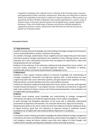 Competitive advantage at the corporate level is a function of the fit among arenas, resources,
and organizational systems, structures, and processes. When these are connected in a coherent
fashion, the corporation is more likely to achieve its long-term objectives. When resources are
specialized, the firm will likely find greater value creation opportunities in a narrow scope of
business arenas. Conversely, general resources can be applied across a greater spectrum of
businesses. Firms with a broad scope of business activities have different demands for
organization structure, systems, and processes than firms that are narrowly focused on a
specific set of business arenas.
Assessment Criteria
A* (High Distinction)
Excellent showing extensive knowledge and understanding of strategic management frameworks,
and an outstanding ability to analyse, synthesise and evaluate.
An excellent, thorough, sophisticated, critical, insightful and even original discussion that covers
alternative positions and goes well beyond mere repetition of facts, offering relevant, concrete
examples and a clear, well-justified conclusion that may depend on stated factors, rather than
being absolute and non-contingent.
Evidence of very extensive, if not exhaustive reading and study beyond the course content. An
accurate answer presented in an excellent-organised manner. Presentation is flawless-
professionally written and devoid of grammatical or typographic errors.
A (Distinction)
Excellent in most respects showing evidence of extensive knowledge and understanding of
strategic management frameworks and high-level cognitive skills. A well-reasoned and even
original discussion that covers alternative positions and goes beyond mere repetition of facts,
offering relevant, concrete examples and a clear, well-justified conclusion.
Evidence of substantial reading and study beyond the course content. Accurate, well organised,
sharply focused and balanced. A very logical structure, strong flow and coherence of argument
with a clear synthesis of content, not just a set of disconnected propositions. Very competent use
of English with very few problems.
B (Merit)
Factually sound showing sound knowledge and understanding of strategic management
frameworks and regular use of effective logical thinking, critical analysis and judgment.
A quite thorough and thoughtful exploration of the issues with a moderately sophisticated
presentation of arguments and examples. The conclusion will be clear, logical and convincing.
Based predominantly on the course content but with clear evidence of outside reading and study.
A logical structure, good flow and coherence of argument aiming to synthesise content.
Competent use of English with only isolated problems of grammar or vocabulary.
C (Pass)
A competent answer showing reasonable knowledge and understanding of strategic management
frameworks and some use of effective logical thinking, critical analysis and judgment. The answer
will recognise, review and discuss relevant issues with some degree of critical thought, and
sufficient facts, examples and arguments leading to a fairly convincing conclusion.
 