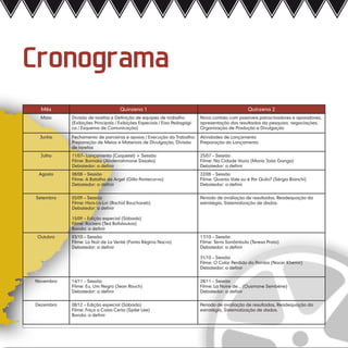 Cronograma
  Mês                              Quinzena 1                                                   Quinzena 2
  Maio     Divisão de tarefas e Definição de equipes de trabalho          Novo contato com possíveis patrocinadores e apoiadores,
           (Exibições Principais / Exibições Especiais / Eixo Pedagógi-   apresentação dos resultados da pesquisa, negociações,
           co / Esquema de Comunicação)                                   Organização de Produção e Divulgação

 Junho     Fechamento de parceiras e apoios / Execução do Trabalho:       Atividades de Lançamento
           Preparação de Meios e Materiais de Divulgação, Divisão         Preparação do Lançamento
           de tarefas
  Julho    11/07– Lançamento (Coquetel) + Sessão                          25/07 – Sessão
           Filme: Bamako (Abderrahmane Sissako)                           Filme: Na Cidade Vazia (Maria João Ganga)
           Debatedor: a definir                                           Debatedor: a definir
 Agosto    08/08 – Sessão                                                 22/08 – Sessão
           Filme: A Batalha de Argel (Gillo Pontecorvo)                   Filme: Quanto Vale ou é Por Quilo? (Sérgio Bianchi)
           Debatedor: a definir                                           Debatedor: a definir


Setembro   05/09 – Sessão                                                 Período de avaliação de resultados, Readequação da
           Filme: Hors-La-Loi (Rachid Bouchareb)                          estratégia, Sistematização de dados.
           Debatedor: a definir

           15/09 – Edição especial (Sábado)
           Filme: Rockers (Ted Bafaloukos)
           Banda: a definir
 Outubro   03/10 – Sessão                                                 17/10 – Sessão
           Filme: La Nuit de La Verité (Fanta Régina Nacro)               Filme: Terra Sonâmbula (Teresa Prata)
           Debatedor: a definir                                           Debatedor: a definir

                                                                          31/10 – Sessão
                                                                          Filme: O Colar Perdido da Pomba (Nacer Khemir)
                                                                          Debatedor: a definir


Novembro   14/11 – Sessão                                                 28/11 – Sessão
           Filme: Eu, Um Negro (Jean Rouch)                               Filme: La Noire de... (Ousmane Sembène)
           Debatedor: a definir                                           Debatedor: a definir


Dezembro   08/12 – Edição especial (Sábado)                               Período de avaliação de resultados, Readequação da
           Filme: Faça a Coisa Certa (Spike Lee)                          estratégia, Sistematização de dados.
           Banda: a definir
 