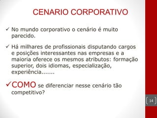 CENARIO CORPORATIVO

 No mundo corporativo o cenário é muito
  parecido.

 Há milhares de profissionais disputando cargos
  e posições interessantes nas empresas e a
  maioria oferece os mesmos atributos: formação
  superior, dois idiomas, especialização,
  experiência.......

COMO se diferenciar nesse cenário tão
  competitivo?
                                                   14
 
