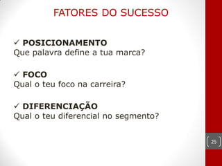 FATORES DO SUCESSO


 POSICIONAMENTO
Que palavra define a tua marca?

 FOCO
Qual o teu foco na carreira?

 DIFERENCIAÇÃO
Qual o teu diferencial no segmento?


                                      25
 