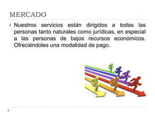 MERCADO


Nuestros servicios están dirigidos a todas las
personas tanto naturales como jurídicas, en especial
a las personas de bajos recursos económicos.
Ofreciéndoles una modalidad de pago.

 