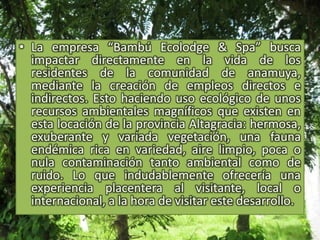 La empresa “Bambú Ecolodge & Spa” busca impactar directamente en la vida de los residentes de la comunidad de anamuya, mediante la creación de empleos directos e indirectos. Esto haciendo uso ecológico de unos recursos ambientales magníficos que existen en esta locación de la provincia Altagracia: hermosa, exuberante y variada vegetación, una fauna endémica rica en variedad, aire limpio, poca o nula contaminación tanto ambiental como de ruido. Lo que indudablemente ofrecería una experiencia placentera al visitante, local o internacional, a la hora de visitar este desarrollo.