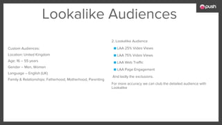 2. Lookalike Audience
■ LAA 25% Video Views
■ LAA 75% Video Views
■ LAA Web Traffic
■ LAA Page Engagement
And lastly the exclusions.
For more accuracy we can club the detailed audience with
Lookalike
Custom Audiences:
Location: United Kingdom
Age: 16 – 55 years
Gender – Men, Women
Language – English (UK)
Family & Relationships: Fatherhood, Motherhood, Parenting
Lookalike Audiences
 