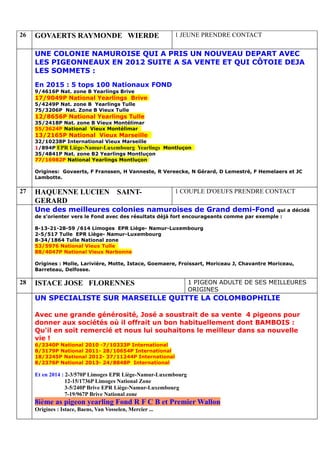 26 GOVAERTS RAYMONDE WIERDE 1 JEUNE PRENDRE CONTACT
UNE COLONIE NAMUROISE QUI A PRIS UN NOUVEAU DEPART AVEC
LES PIGEONNEAUX EN 2012 SUITE A SA VENTE ET QUI CÔTOIE DEJA
LES SOMMETS :
En 2015 : 5 tops 100 Nationaux FOND
9/4616P Nat. zone B Yearlings Brive
17/9049P National Yearlings Brive
5/4249P Nat. zone B Yearlings Tulle
75/3206P Nat. Zone B Vieux Tulle
12/8656P National Yearlings Tulle
35/2418P Nat. zone B Vieux Montélimar
55/3624P National Vieux Montélimar
13/2165P National Vieux Marseille
32/10238P International Vieux Marseille
1/894P EPR Liège-Namur-Luxembourg Yearlings Montluçon
35/4841P Nat. zone B2 Yearlings Montluçon
77/16982P National Yearlings Montluçon
Origines: Govaerts, F Franssen, H Vanneste, R Vereecke, N Gérard, D Lemestré, F Hemelaers et JC
Lambotte.
27 HAQUENNE LUCIEN SAINT-
GERARD
1 COUPLE D'OEUFS PRENDRE CONTACT
Une des meilleures colonies namuroises de Grand demi-Fond qui a décidé
de s'orienter vers le Fond avec des résultats déjà fort encourageants comme par exemple :
8-13-21-28-59 /614 Limoges EPR Liège- Namur-Luxembourg
2-5/517 Tulle EPR Liège- Namur-Luxembourg
8-34/1864 Tulle National zone
53/5976 National Vieux Tulle
88/4047P National Vieux Narbonne
Origines : Molle, Larivière, Motte, Istace, Goemaere, Froissart, Moriceau J, Chavantre Moriceau,
Barreteau, Delfosse.
28 ISTACE JOSE FLORENNES 1 PIGEON ADULTE DE SES MEILLEURES
ORIGINES
UN SPECIALISTE SUR MARSEILLE QUITTE LA COLOMBOPHILIE
Avec une grande générosité, José a soustrait de sa vente 4 pigeons pour
donner aux sociétés où il offrait un bon habituellement dont BAMBOIS :
Qu'il en soit remercié et nous lui souhaitons le meilleur dans sa nouvelle
vie !
6/3340P National 2010 -7/10333P International
8/3179P National 2011- 28/10654P International
18/3245P National 2012- 37/11244P International
8/2376P National 2013- 24/8848P International
Et en 2014 : 2-3/570P Limoges EPR Liège-Namur-Luxembourg
12-15/1736P Limoges National Zone
3-5/240P Brive EPR Liège-Namur-Luxembourg
7-19/967P Brive National zone
8ième as pigeon yearling Fond R F C B et Premier Wallon
Origines : Istace, Baens, Van Vosselen, Mercier ...
 