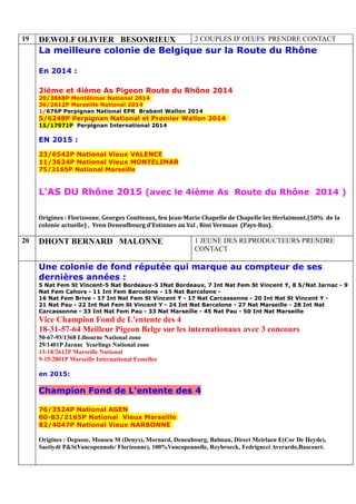 19 DEWOLF OLIVIER BESONRIEUX 2 COUPLES D' OEUFS PRENDRE CONTACT
La meilleure colonie de Belgique sur la Route du Rhône
En 2014 :
2ième et 4ième As Pigeon Route du Rhône 2014
20/3868P Montélimar National 2014
36/2612P Marseille National 2014
1/676P Perpignan National EPR Brabant Wallon 2014
5/6248P Perpignan National et Premier Wallon 2014
15/17971P Perpignan International 2014
EN 2015 :
23/6542P National Vieux VALENCE
11/3624P National Vieux MONTELIMAR
75/2165P National Marseille
L'AS DU Rhône 2015 (avec le 4ième As Route du Rhône 2014 )
Origines : Florizoone, Georges Coutteaux, feu Jean-Marie Chapelle de Chapelle lez Herlaimont.(50% de la
colonie actuelle) , Yvon Deneufbourg d’Estinnes au Val , Rini Vermaas (Pays-Bas).
20 DHONT BERNARD MALONNE 1 JEUNE DES REPRODUCTEURS PRENDRE
CONTACT
Une colonie de fond réputée qui marque au compteur de ses
dernières années :
5 Nat Fem St Vincent-5 Nat Bordeaux-5 INat Bordeaux, 7 Int Nat Fem St Vincent Y, 8 S/Nat Jarnac - 9
Nat Fem Cahors - 11 Int Fem Barcelone - 15 Nat Barcelone -
16 Nat Fem Brive - 17 Int Nat Fem St Vincent Y - 17 Nat Carcassonne - 20 Int Nat St Vincent Y -
21 Nat Pau - 22 Int Nat Fem St Vincent Y - 24 Int Nat Barcelone - 27 Nat Marseille - 28 Int Nat
Carcassonne - 33 Int Nat Fem Pau - 33 Nat Marseille - 45 Nat Pau - 50 Int Nat Marseille
Vice Champion Fond de L'entente des 4
18-31-57-64 Meilleur Pigeon Belge sur les internationaux avec 3 concours
50-67-93/1368 Libourne National zone
29/1401P Jarnac Yearlings National zone
13-18/2612P Marseille National
9-15/2801P Marseille International Femelles
en 2015:
Champion Fond de L'entente des 4
76/3524P National AGEN
60-83/2165P National Vieux Marseille
82/4047P National Vieux NARBONNE
Origines : Depasse, Monseu M (Denys), Mornard, Deneubourg, Balman, Direct Meirlaen E(Cor De Heyde),
Saetiydt P&S(Vancopennole/ Florizonne), 100%Vancopennolle, Reybroeck, Fedrigucci Averardo,Bascourt.
 