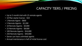 CAPACITY TIERS / PRICING
• Up to 5 month trial with 25 remote agents
• 10 Plan starter license - $10
• 1 Remote Agent - $800
• 5 Remote Agents - $2,200
• 10 Remote Agents - $4,000
• 25 Remote Agents - $8,000
• 100 Remote Agents - $16,000
• 250 Remote Agents - $40,000
• Server can have unlimited agents
• Annual maintenance is half of initial license cost
 
