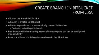 CREATE BRANCH IN BITBUCKET
FROM JIRA
• Click on the Branch link in JIRA
• A branch is created in Bitbucket
• A Bamboo plan branch is automatically created in Bamboo
• Dedicated to building this branch
• Plan branch will inherit configuration of Bamboo plan, but can be configured
independently
• Branch and branch build results are shown in the JIRA ticket
 