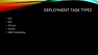 DEPLOYMENT TASK TYPES
• SCP
• SSH
• Tomcat
• Heroku
• AWS CodeDeploy
 