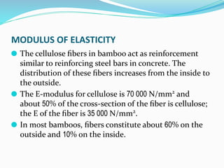 MODULUS OF ELASTICITY
⚫ The cellulose ﬁbers in bamboo act as reinforcement
similar to reinforcing steel bars in concrete. The
distribution of these ﬁbers increases from the inside to
the outside.
⚫ The E-modulus for cellulose is 70 000 N/mm2
and
about 50% of the cross-section of the ﬁber is cellulose;
the E of the ﬁber is 35 000 N/mm2
.
⚫ In most bamboos, ﬁbers constitute about 60% on the
outside and 10% on the inside.
 