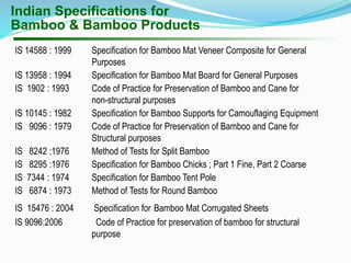 Indian Specifications for
Bamboo & Bamboo Products
IS 14588 : 1999 Specification for Bamboo Mat Veneer Composite for General
Purposes
IS 13958 : 1994 Specification for Bamboo Mat Board for General Purposes
IS 1902 : 1993 Code of Practice for Preservation of Bamboo and Cane for
non-structural purposes
IS 10145 : 1982 Specification for Bamboo Supports for Camouflaging Equipment
IS 9096 : 1979 Code of Practice for Preservation of Bamboo and Cane for
Structural purposes
IS 8242 :1976 Method of Tests for Split Bamboo
IS 8295 :1976 Specification for Bamboo Chicks ; Part 1 Fine, Part 2 Coarse
IS 7344 : 1974 Specification for Bamboo Tent Pole
IS 6874 : 1973 Method of Tests for Round Bamboo
IS 15476 : 2004 Specification for Bamboo Mat Corrugated Sheets
IS 9096:2006 Code of Practice for preservation of bamboo for structural
purpose
 