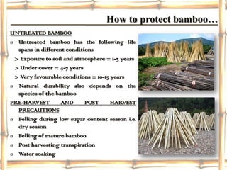 How to protect bamboo…
UNTREATED BAMBOO
ø Untreated bamboo has the following life
  spans in different conditions
 > Exposure to soil and atmosphere = 1-3 years
 > Under cover = 4-7 years
 > Very favourable conditions = 10-15 years
ø Natural durability also depends on the
  species of the bamboo
PRE-HARVEST        AND      POST      HARVEST
  PRECAUTIONS
ø Felling during low sugar content season i.e.
  dry season
ø Felling of mature bamboo
ø Post harvesting transpiration
ø Water soaking
 