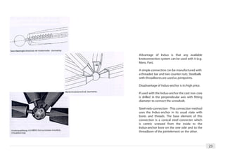 Advantage of Induo is that any available
knotconnection-system can be used with it (e.g.
Mero, Pan).

A simple connection can be manufactured with
a threaded bar and two counter nuts. Steelballs
with threadbores are used as jointpoints.

Disadvantage of Induo-anchor is its high price.

If used with the Induo-anchor the cast iron core
is drilled in the perpendicular axis with fitting
diameter to connect the screwbolt.

Steel-neb-connection - This connection method
uses the Induo-anchor in its usual state with
bores and threads. The base element of this
connection is a conical steel connecter which
is centric screwed from the inside to the
Induo-anchor bore on the one side and to the
threadbore of the jointelement on the other.



                                                    23
 
