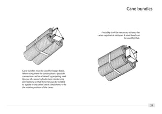 Cane bundles




                                                      Probably it will be necessary to keep the
                                                   canes together at midspan. A steel band can
                                                                               be used for that.




Cane bundles must be used for bigger loads.
When using them for construction a possible
connection can be achieved by projeting steel
tips out of a wood cylinder (see interlocking
connection), so that these tips can be welded
to a plate or any other cetral component, to fix
the relative position of the canes.




                                                                                                   29
 