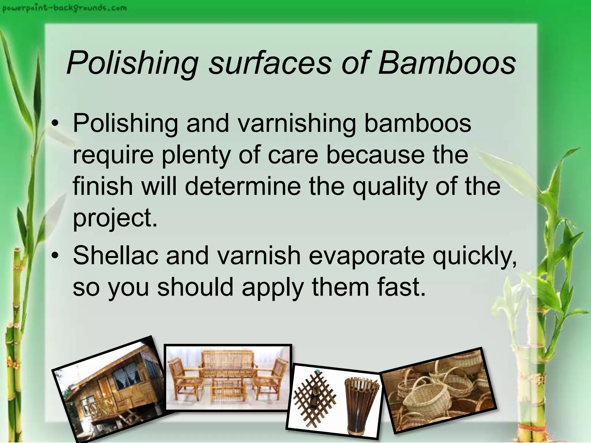 Polishing surfaces of Bamboos
• Polishing and varnishing bamboos
require plenty of care because the
finish will determine the quality of the
project.
• Shellac and varnish evaporate quickly,
so you should apply them fast.
 