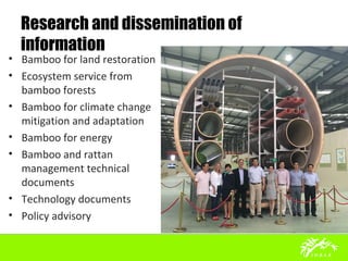Research and dissemination of
information
• Bamboo for land restoration
• Ecosystem service from
bamboo forests
• Bamboo for climate change
mitigation and adaptation
• Bamboo for energy
• Bamboo and rattan
management technical
documents
• Technology documents
• Policy advisory
 