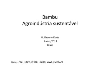 Bambu
Agroindústria sustentável
Guilherme Korte
Junho/2013
Brasil
Dados: ONU; UNEP; INBAR; UNIDO; WWF; EMBRAPA
 