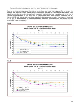 For more information on this topic, see fotos in my paper: "Bamboo under the Microscope".
Now, as we have some clue about the required temperatures and times: what happens after we remove the
bamboo from the oven? I have outlined above, that moisture from the air is absorbed by the bamboo, until
equilibrium with the surrounding atmosphereric moisture is reached. Also heat treated bamboo will do this. It
absorbs moisture from the air. The above (Fig. 2) samples were stored under controlled conditions, 50% rel.
hum and 25°C. After one day and three days, respectively, they were weighed again. The results are presented
in Figs. 5, 6, 7. The ones heated for some longer time had reabsorbed approximately 1 % after the first day, and
another 0.8 % after 2 more days.
Fig. 5
Fig. 6
WEIGHT REGAIN AFTER HEAT TREATING
Bamboo samples from Fig. 2: 150°C heat treatment regime
0
1
2
3
4
5
6
7
8
9
10
0 2 4 6 8 10 12 14 16 18 20 22 24 26
Minutes
LossofWeight(%)
150°Cplus 72 hours
150°Cplus 24 hours
150°C= 302 °F
WEIGHT REGAIN AFTER HEAT TREATING
Bamboo samples from Fig. 2: 175°C heat treatment regime
0
1
2
3
4
5
6
7
8
9
10
0 2 4 6 8 10 12 14 16 18 20 22 24 26
Minutes
LossofWeight(%)
175°Cplus 72 hours
175°Cplus 24 hours
175°C= 347 °F
10
 