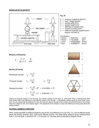 MODULUS OF ELASTICITY
Fig. 10
E = modulus of elasticity (N/mm2
)
F = load = weight (grams)
b = sample width (mm)
h = sample height (mm)
f = deflection of sample (mm)
I = moment of inertia (mm4
)
L = distance of sample supports (mm)
(approx. 40 times h)
Conversions:
1 N/mm2
= 2320.7241 oz/in2
1 N/mm2
= 145.04525 lb/in2
1 oz/in2
= 0.000430922 N/mm2
1 lb/in2
= 0.00689475 N/mm2
h
b
b
h
h
R
Modulus of Elasticity:
mm²
N
fI48
FL
E
3
××
×
=
Moment of Inertia:
Rectangular sample:
12
hb 3
y
I
×
=
Triangular sample:
36
hb 3
y
I
×
=
3
h2
b
×
=
Hexagonal sample: 4
R
16
35
I ×
×
= = 0.5412659 × R4
4
h
144
35
I ×
×
= = 0.0601407 × h4
Testing by triangular section is not the best. Any cellular variation at the apex i.e. solid power fiber or sclerenchyma fiber
(pith) would make a big difference in the effective height of the triangle – a rectangular section would be much better. How-
ever, you are measuring the deflection (f) only, and once the apex is crushed at the contact point first time load on you simply
reset your caliper to zero, and measure again. The magnitude of the variation is clear even allowing for being picky about the
testing method.
NATURAL BAMBOO VARIATION
When measuring MOE at different positions around the circumference of a culm (Fig. 11), and at different levels
below the surface (enamel, skin), quite some latitude is found. The table below presents some measurements
from 0 - 0.5 mm (pos. 1) and from 0.8 - 1.5 mm (pos. 2). The tests were conducted by Stephan Pauly.
13
 