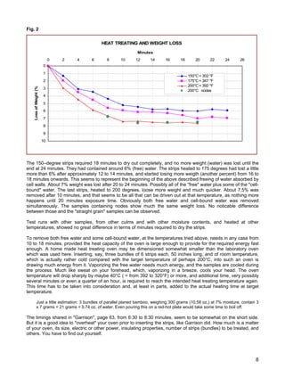 Fig. 2
HEAT TREATING AND WEIGHT LOSS
0
1
2
3
4
5
6
7
8
9
10
0 2 4 6 8 10 12 14 16 18 20 22 24 26
Minutes
LossofWeight(%)
150°C= 302 °F
175°C= 347 °F
200°C= 392 °F
200°C nodes
The 150–degree strips required 18 minutes to dry out completely, and no more weight (water) was lost until the
end at 24 minutes. They had contained around 6% (free) water. The strips heated to 175 degrees had lost a little
more than 6% after approximately 12 to 14 minutes, and started losing more weigth (another percent) from 16 to
18 minutes onwards. This seems to represent the beginning of the above described freeing of water absorbed by
cell walls. About 7% weight was lost after 20 to 24 minutes. Possibly all of the "free" water plus some of the "cell-
bound" water. The last strips, heated to 200 degrees, loose more weight and much quicker. About 7.5% was
removed after 10 minutes, and that seems to be all that can be driven out at that temperature, as nothing more
happens until 20 minutes exposure time. Obviously both free water and cell-bound water was removed
simultaneously. The samples containing nodes show much the same weight loss. No noticable difference
between those and the "straight grain" samples can be observed.
Test runs with other samples, from other culms and with other moisture contents, and heated at other
temperatures, showed no great difference in terms of minutes required to dry the strips.
To remove both free water and some cell-bound water, at the temperatures tried above, needs in any case from
10 to 18 minutes, provided the heat capacity of the oven is large enough to provide for the required energy fast
enough. A home made heat treating oven may be dimensioned somewhat smaller than the laboratory oven
which was used here. Inserting, say, three bundles of 6 strips each, 50 inches long, and of room temperature,
which is actually rather cold compared with the target temperature of perhaps 200°C, into such an oven is
drawing much energy from it. Vaporizing the free water needs much energy, and the samples are cooled during
the process. Much like sweat on your forehead, which, vaporizing in a breeze, cools your head. The oven
temperature will drop sharply by maybe 40°C ( = from 392 to 320°F) or more, and additional time, very possibly
several minutes or even a quarter of an hour, is required to reach the intended heat treating temperature again.
This time has to be taken into consideration and, at least in parts, added to the actual heating time at target
temperature.
Just a little estimation: 3 bundles of parallel planed bamboo, weighing 300 grams (10.58 oz.) at 7% moisture, contain 3
x 7 grams = 21 grams = 0.74 oz. of water. Even pouring this on a red-hot plate would take some time to boil off.
The timings shared in "Garrison", page 63, from 6:30 to 8:30 minutes, seem to be somewhat on the short side.
But it is a good idea to "overheat" your oven prior to inserting the strips, like Garrison did. How much is a matter
of your oven, its size, electric or other power, insulating properties, number of strips (bundles) to be treated, and
others. You have to find out yourself.
8
 
