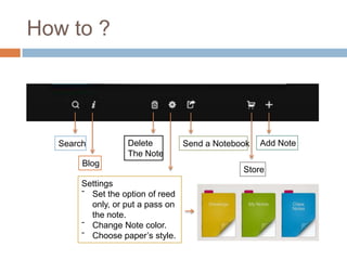 How to ?




   Search          Delete          Send a Notebook   Add Note
                   The Note
        Blog
                                                Store
        Settings
        ˉ Set the option of reed
          only, or put a pass on
          the note.
        ˉ Change Note color.
        ˉ Choose paper’s style.
 