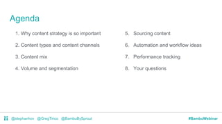 @stephanhov @GregTirico @BambuBySprout #BambuWebinar
Agenda
1. Why content strategy is so important
2. Content types and c...