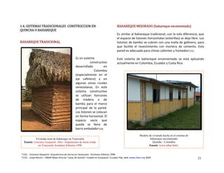 1.4.‐SISTEMAS TRADICIONALES  CONSTRUCCION EN  
QUINCHA O BAHAREQUE 
BAHAREQUE TRADICIONAL 
y  en 
rurales 
n  este 
ructivo 
rcones  
o  de 
marco 
pared. 
olocan 
ntal. El 
spacio  vacío  que 
ena  de 
 
 
 
BAHAREQUE MEJORADO (bahareque encementado) 
Es similar al bahareque tradicional, con la sola diferencia, que 
el espacio de listones horizontales (esterillas) se deja libre. Los 
listones de bambú se cubren con una malla de gallinero, para 
que  facilite  el  revestimiento  con  mortero  de  cemento.  Esta 
pared es adecuada para climas calientes y húmedos*(15).  
 
Este  sistema  de  bahareque  encementado  se  está  aplicando 
actualmente en Colombia, Ecuador y Costa Rica 
 
 
 
Es un sistema 
constructivo 
desarrollado  en 
Colombia  
(especialmente  en  el 
eje  cafetero) 
algunas  zonas 
venezolanas.  E
sistema  const
se  utilizan  ho
de  madera 
bambú  para  el 
principal  de  la 
os listones se c
n forma horizo
L
e
e
queda  se  ll
barro embalado*(14). 
 
Modelo de vivienda hecha en el sistema de
bahareque encementado
Quindio - Colombia
Fuente: www.inbar.html.
Vivienda rural de bahareque en Venezuela
Fuente: Graziano Gasparini libro: Arquitect
en Venezuela Armitano Editores
ura de tierra cruda
-1998
*(14).‐  Graziano Gasparini‐ Arquitectura de tierras en Venezuela‐  Armitano Editores 1998. 
* 21(15).‐  Jorge Moran – INBAR News Articulo “casas de bambú” modelo en Guayaquil‐ Ecuador Pág. web: Hwww.inbar.orgH 2004.
 