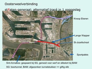 Oosterweelverbinding  st R aten - generaal: alternatief tracé in 1 oogopslag   Lange Wapper Sportpaleis St-Jozefschool Knoop Ekeren Sint-Annabos: gespaard bij SG, gerooid voor werf en slibstort bij BAM SG: boortunnel, BAM: afgezonken tunnelstukken => giftig slib 