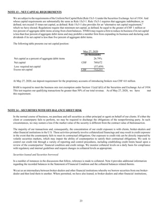 23
NOTE 13 – NET CAPITAL REQUIREMENTS
We aresubjectto therequirementsofthe UniformNet Capital Rule(Rule 15c3-1) under theSecurities Exchange Act of 1934. And
whose capital requirements are substantially the same as Rule 15c3-1. Rule 15c3-1 requires that aggregate indebtedness, as
defined, not exceed 15 times net capital, as defined. Rule 15c3-1 also provides for an “alternative net capital requirement,”
which we have elected. Regulations require that minimum net capital, as defined, be equal to the greater of CHF 1 million or
two percent of aggregate debit items arising from client balances. FINRAmay require a firm to reduce its business if its net capital
isless than four percent of aggregate debit items and may prohibit a member firm from expanding its business and declaring cash
dividends if its net capital is less than five percent of aggregate debit items.
The following table presents our net capital position:
May 27, 2020
(in thousands)
Net capital as a percent of aggregate debit items 26.79%
Net capital CHF 769,672
Less: required net capital (57,459)
Excess net capital CHF 712,213
At May 27, 2020, our deposit requirement for the proprietary accounts of introducing brokers was CHF 4.0 million.
BAM is required to meet the business mix test exemption under Section 11(a)(1)(G) of the Securities and Exchange Act of 1934.
This test requires our qualifying transactions be greater than 50% of our total revenue. As of May 27, 2020, we have met
this requirement.
NOTE 14 – SECURITIES WITH OFF-BALANCE SHEET RISK
In the normal course of business, we purchase and sell securities as either principal or agent on behalf of our clients. If either the
client or counterparty fails to perform, we may be required to discharge the obligations of the nonperforming party. In such
circumstances, we may sustain a loss if the market value of the security is different from the contract value of thetransaction.
The majority of our transactions and, consequently, the concentration of our credit exposure is with clients, broker-dealers and
other financial institutions in the U.S. These activities primarily involve collateralized financings and may result in credit exposure
in the event that the counterparty fails to meet its contractual obligations. Our exposure to credit risk can be directly impacted by
volatile securities markets, which may impair the ability of counterparties to satisfy their contractual obligations. We seek to
control our credit risk through a variety of reporting and control procedures, including establishing credit limits based upon a
review of the counterparties’ financial condition and credit ratings. We monitor collateral levels on a daily basis for compliance
with regulatory and internal guidelines and request changes in collateral levels as appropriate.
Securities loaned and Securities borrowed
In a number of instances in the discussions that follow, reference is made to collateral. Note 4 provides additional information
regarding the recorded balances in the Statement of Financial Condition and the collateral balances related thereto.
We act as an intermediary between broker-dealers and other financial institutions whereby we borrow securities from one broker-
dealer and then lend them to another. Where permitted, we have also loaned, to broker-dealers and other financial institutions,
 