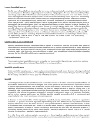 7
Loans to financial advisors, net
We offer loans to financial advisors and certain other key revenue producers, primarily for recruiting, transitional cost assistance
and retention purposes. These loans are generally repaid over a five to eight-year period. We assess future recoverability of these
loans through analysis of individual financial advisor production or other performance standards. In the event that the financial
advisor is no longer affiliated with us, any unpaid balance of such loan becomes immediately due and payable to us. In determining
the allowance for doubtful accounts related to former employees, management primarily considers our historical collection
experience as well as other factors including: amounts due at termination, the reasons for the terminated relationship, and the
former financial advisor’s overall financial position. When the review of these factors indicates that further collection activity is
highly unlikely, the outstanding balance of such loan is written off and the corresponding allowance is reduced. Based upon the
nature of these financing receivables, we do not analyze this asset on a portfolio segment or class basis. Further, the aging of this
receivable balance is not a determinative factor in computing our allowance for doubtful accounts, as concerns regarding the
recoverability of these loans primarily arise in the event that the financial advisor is no longer affiliated with us. We present the
outstanding balance of loans to financial advisors on our Statement of Financial Condition, net of the allowance for doubtful
accounts. Of the gross balance outstanding, the portion associated with financial advisors who are no longer affiliated with us
was approximately CHF11.8 million at June 20, 2020. Our allowance for doubtful accounts was approximately
CHF2.0 million at June 20, 2020.
Securities borrowed and securities loaned
Securities borrowed and securities loaned transactions are reported as collateralized financings and recorded at the amount of
collateral advanced or received. In securities borrowed transactions, we are required to deposit cash with the lender. With respect
to securities loaned, we receive collateral in the form of cash in an amount in excess of the market value of securities loaned. We
monitor the market value of securities borrowed and loaned on a daily basis, with additional collateral obtained or refunded as
necessary. See Note 4 for additional information regarding this collateral.
Property and equipment
Property, equipment and leasehold improvements are stated at cost less accumulated depreciation and amortization. Additions,
improvements and expenditures that extend the useful life of an asset are capitalized.
Identifiable intangible assets
Certain identifiable intangible assets we acquire such as customer relationships, trade names, developed technology, intellectual
property, and non-compete agreements are evaluated for potential impairment wheneverevents or changes in circumstances suggest
that the carrying value of an asset or asset group may not be fully recoverable.
Goodwill
Goodwill represents the cost of acquired businesses in excess of the fair value of the related net assets acquired. GAAP does not
provide for the amortization of indefinite-life intangible assets such as goodwill. Rather, these assets are subject to an evaluation
of potential impairment on an annual basis, or more often if events or circumstances indicate there may be impairment. Goodwill
impairment is determined by comparing the estimated fair value of a reporting unit with its respective carrying value. If the
estimated fair value exceeds the carrying value, goodwill at the reporting unit level is not deemed to be impaired. However, if the
estimated fair value is below carrying value, further analysis is required to determine the amount of the impairment. This further
analysis involves assigning tangible assets and liabilities, identified intangible assets and goodwill to reporting units and
comparing the fair value of each reporting unit to its carrying amount.
In the course of our evaluation of the potential impairment of goodwill, we may perform either a qualitative or a quantitative
assessment. Our qualitative assessment of potential impairment may result in the determination that a quantitative impairment
analysis is not necessary. Under this elective process, we assess qualitative factors to determine whether the existence of events
or circumstances leads us to determine that it is more likely than not that the fair value of a reporting unit is less than its carrying
amount. If after assessing the totality of events or circumstances, we determine it is more likely than not that the fair value of a
reporting unit is greater than its carrying amount, then performing a quantitative analysis is not required. However, if we conclude
otherwise, then we perform a quantitative impairment analysis.
If we either choose not to perform a qualitative assessment, or we choose to perform a qualitative assessment but are unable to
qualitatively conclude that no impairment has occurred, then we perform a quantitative evaluation. In the case of a quantitative
 