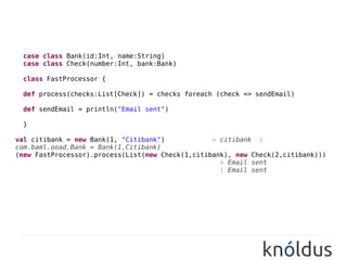 case class Bank(id:Int, name:String)
 case class Check(number:Int, bank:Bank)

 class FastProcessor {

 def process(checks:List[Check]) = checks foreach (check => sendEmail)

 def sendEmail = println("Email sent")

 }

val citibank = new Bank(1, "Citibank")          //> citibank :
com.baml.ooad.Bank = Bank(1,Citibank)
(new FastProcessor).process(List(new Check(1,citibank), new Check(2,citibank)))
                                                  //> Email sent
                                                  //| Email sent
 