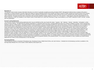 2
Regulation G
The attached charts include company information that does not conform to generally accepted accounting principles (GAAP). Management believes that an analysis of this data is
meaningful to investors because it provides insight with respect to ongoing operating results of the company and allows investors to better evaluate the financial results of the company.
These measures should not be viewed as an alternative to GAAP measures of performance. Furthermore, these measures may not be consistent with similar measures provided by
other companies. This data should be read in conjunction with previously published company reports on Forms 10-K, 10-Q, and 8-K. These reports, along with reconciliations on non-
GAAP measures to GAAP are available on the Investor Center of www.dupont.com under Key Financials & Filings. Reconciliations of non-GAAP measures to GAAP are also included
with this presentation.
Forward Looking Statements
This document contains forward-looking statements which may be identified by their use of words like “plans,” “expects,” “will,” “believes,” “intends,” “estimates,” “anticipates” or other
words of similar meaning. All statements that address expectations or projections about the future, including statements about the company's strategy for growth, product development,
regulatory approval, market position, anticipated benefits of recent acquisitions, timing of anticipated benefits from restructuring actions, outcome of contingencies, such as litigation and
environmental matters, expenditures and financial results, are forward looking statements. Forward-looking statements are not guarantees of future performance and are based on
certain assumptions and expectations of future events which may not be realized. Forward-looking statements also involve risks and uncertainties, many of which are beyond the
company’s control. Some of the important factors that could cause the company’s actual results to differ materially from those projected in any such forward-looking statements are:
fluctuations in energy and raw material prices; failure to develop and market new products and optimally manage product life cycles; ability to respond to market acceptance, rules,
regulations and policies affecting products based on biotechnology; significant litigation and environmental matters; failure to appropriately manage process safety and product
stewardship issues; changes in laws and regulations or political conditions; global economic and capital markets conditions, such as inflation, interest and currency exchange rates;
business or supply disruptions; security threats, such as acts of sabotage, terrorism or war, weather events and natural disasters; ability to protect and enforce the company's intellectual
property rights; successful integration of acquired businesses and separation of underperforming or non-strategic assets or businesses and successful completion of the proposed spinoff
of the Performance Chemicals segment including ability to fully realize the expected benefits of the proposed spinoff. The company undertakes no duty to update any forward-looking
statements as a result of future developments or new information.
Developing Markets
Total developing markets is comprised of Developing Asia, Developing Europe, Middle East & Africa, and Latin America. A detailed list of all developing countries is available on the
Earnings News Release link on the Investor Center website at www.dupont.com.
 