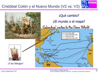 Cristóbal Colón y el Nuevo Mundo (V2 vs. V3)

                                              ¿Qué cambio?
                                  ¿El mundo o el mapa?




          ¿Y los Vikingos?

                             © Pink Elephant. All Rights Reserved.
¿Cómo Implementar ITIL?      ITIL® is a registered trademark of the OGC – the Office of Government Commerce.   8
 