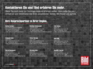 Kontaktieren Sie uns! Und erfahren Sie mehr.
Wenn Sie noch mehr zur Sonntags-Analyse erfahren wollen, dann rufen Sie uns
einfach an und vereinbaren Sie Ihren persönlichen Termin. Wir freuen uns auf Sie.
Bettina Formen
Anzeigenleitung BILD am SONNTAG
Media Impact GmbH & Co. KG
Tel.: +49 (0) 30 25 91 76 828
E-Mail: bettina.formen@axelspringer.de
Matthias Schönwandt
Nationaler Handel
Media Impact GmbH & Co. KG
Tel.: +49 (0) 30 2591 72564
E-Mail: matthias.schoenwandt@axelspringer.de
Felix Kemna
Region Ost
Media Impact GmbH & Co. KG
Tel.: +49 (0) 30 2591 72574
E-Mail: felix.kemna@axelspringer.de
Stephanie Huth
Region Nord
Media Impact GmbH & Co. KG
Tel.: +49 (0) 40 347 28157
E-Mail: stephanie.huth@axelspringer.de
Stefan Margies
Region Mitte
Media Impact GmbH & Co. KG
Tel.: +49 (0) 69 962385 22
E-Mail: stefan.margies@axelspringer.de
Ingo Kölbl
Region West
Media Impact GmbH & Co. KG
Tel.: +49 (0) 211 159268 14
E-Mail: ingo.koelbl@axelspringer.de
Martin Baumgardt
Region Süd-West
Media Impact GmbH & Co. KG
Tel.: +49 (0) 711 3199 156
E-Mail: martin.baumgardt@axelspringer.de
Christina Kuth
Region Süd
Media Impact GmbH & Co. KG
Tel.:+49 (0) 89 7 432 596 471
E-Mail: christina.kuth@axelspringer.de
Benedikt Faerber
International Sales
Media Impact GmbH & Co. KG
Tel.: + 49 (0) 30 2591 72569
E-Mail: benedikt.faerber@axelspringer.de
Ihre Ansprechpartner in Ihrer Region.
28
 