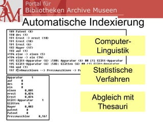 Automatische Indexierung
              Computer-
              Linguistik

             Statistische
              Verfahren

             Abgleich mit
              Thesauri
 