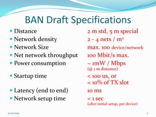 BAN Draft Specifications
 Distance
 Network density
 Network Size
 Net network throughput
 Power consumption

2 m std, 5 m special
2 - 4 nets / m2
max. 100 device/network
100 Mbit/s max.
~ 1mW / Mbps
(@ 1 m distance)

 Startup time
 Latency (end to end)
 Network setup time

< 100 us, or
< 10% of TX slot
10 ms
< 1 sec
(after initial setup, per device)

10/27/2013

7

 