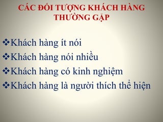 CÁC ĐỐI TƯỢNG KHÁCH HÀNG
THƯỜNG GẶP
Khách hàng ít nói
Khách hàng nói nhiều
Khách hàng có kinh nghiệm
Khách hàng là người thích thể hiện
 