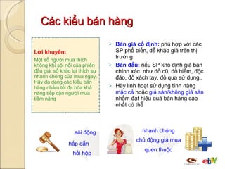 Các kiểu bán hàng Bán giá cố định:  phù hợp với các SP phổ biến, dễ khảo giá trên thị trường Bán đấu:  nếu SP khó định giá bán chính xác  như đồ cũ, đồ hiếm, độc đáo, đồ xách tay, đồ qua sử dụng.. Hãy linh hoạt sử dụng tính năng  mặc cả  hoặc  giá sàn/không giá sàn  nhằm đạt hiệu quả bán hàng cao nhất có thể Lời khuyên: Một số người mua thích không khí sôi nổi của phiên đấu giá, số khác lại thích sự nhanh chóng của mua ngay. Hãy đa dạng các kiểu bán hàng nhằm tối đa hóa khả năng tiếp cận người mua tiềm năng sôi động hấp dẫn hồi hộp nhanh chóng chủ động giá mua quen thuộc 