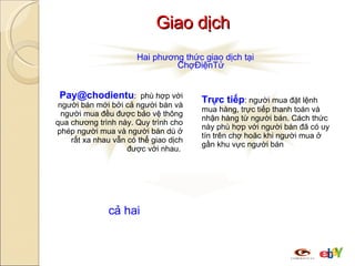 Giao dịch Hai phương thức giao dịch tại ChợĐiệnTử Chọn  cả hai   phương thức trên để Người mua quyết định phương thức thanh toán phù hợp với mình !!! Trực tiếp : người mua đặt lệnh mua hàng, trực tiếp thanh toán và nhận hàng từ người bán. Cách thức này phù hợp với người bán đã có uy tín trên chợ hoăc khi người mua ở gần khu vực người bán [email_address] :  phù hợp với người bán mới bởi cả người bán và người mua đều được bảo vệ thông qua chương trình này. Quy trình cho phép người mua và người bán dù ở rất xa nhau vẫn có thể giao dịch được với nhau.  