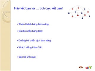 Kết bạn có tác dụng: Thêm khách hàng tiềm năng : kết một bạn mới đồng nghĩa với một khách hàng tiềm năng biết đến bạn Gửi tin nhắn hàng loạt:  khi có chương trình, thông điệp cần đưa đến hách hàng, bạn dễ dàng đưa tin này đến hàng loạt bạn bè của mình Quảng bá chiến dịch bán hàng:  Với mỗi chiến dịch bán hàng mới được tạo, tất cả bạn bè đều sẽ biết đến ngay lập tức Khách viếng thăm 24h:  không chỉ giúp bạn biết được những khách hàng tiềm năng nào đã ghé thăm shop mà dựa vào đó, bạn có thể tinh chỉnh các chiến thuật bán hàng cho hợp lý hơn Bạn bè 24h qua:  giúp bạn nắm bắt đặc trưng, các hoạt động nổi bậc của khách hàng tiềm năng tại chợ Hãy kết bạn và … tích cực kết bạn!  