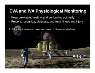 EVA and IVA Physiological Monitoring	

•  Keep crew safe, healthy, and performing optimally	

•  Prevent, recognize, diagnose, and treat illness and injury	


  IVA – medical exams, exercise, research, ﬁtness evaluations	

 