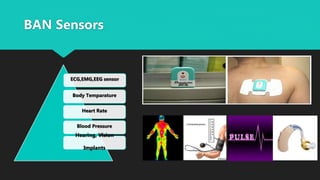 BAN Sensors
ECG,EMG,EEG sensor
Body Temparature
Heart Rate
Blood Pressure
Hearing, Vision
Implants
 