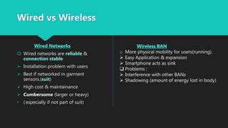 Wired vs Wireless
Wired Networks
 Wired networks are reliable &
connection stable
 Installation problem with users
 Best if networked in garment
sensors.(suit)
 High cost & maintainance
 Cumbersome (larger or heavy)
• (especially if not part of suit)
Wireless BAN
o More physical mobility for users(running).
 Easy Application & expansion
 Smartphone acts as sink
 Problems :
 Interference with other BANs
 Shadowing (amount of energy lost in body)
 
